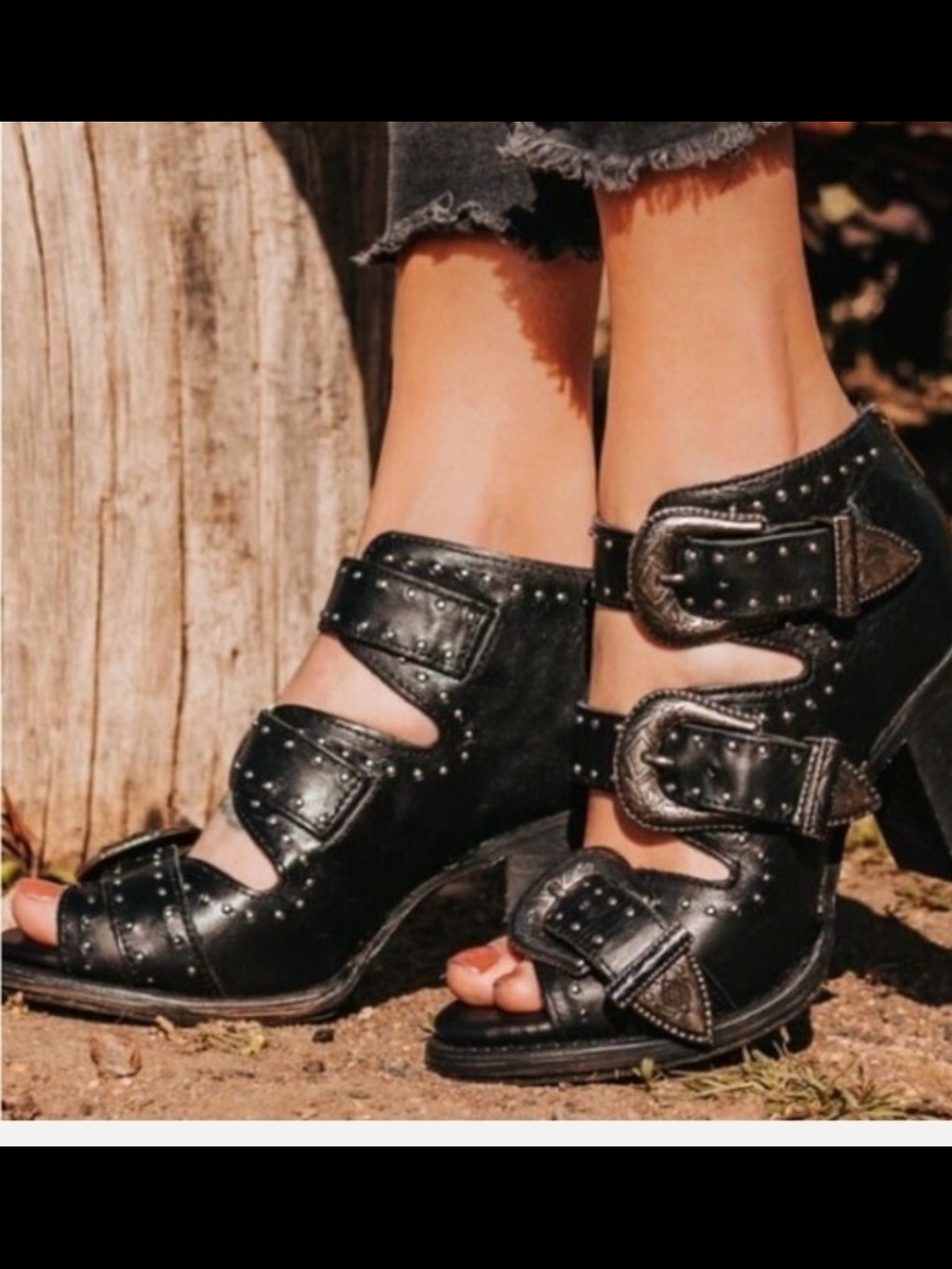FREEBIRD size 8 (Violet Style) Women's Black Studded Leather Block Heel Sandals - Picture 5 of 5